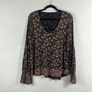 Lucky Brand Womens Floral Border Print Bell Sleeve Top Size L